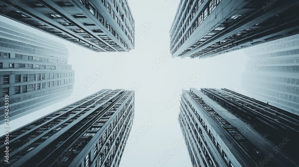 Poster amidst a serene urban environment, towering skyscrapers rise upward, their stark architecture enhanc