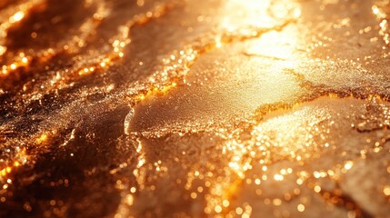 Close-up view of shimmering golden surface with intricate textures and reflections, evoking warmth