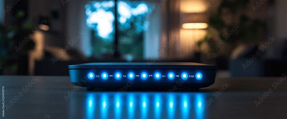 Poster illuminated internet router on a table at night in a living room.