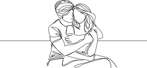 continuous single line drawing of couple hugging, man wrapping arms around woman from behind, line art vector illustration