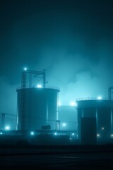 Foggy night industrial complex.