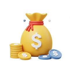 A 3D illustration of a yellow money bag with a red drawstring and a white dollar sign symbol isolated on a white background