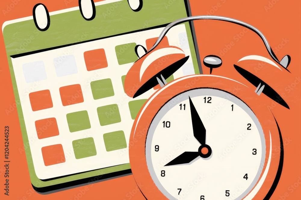 Aufkleber an alarm clock rests on a calendar, symbolizing time management and scheduling.