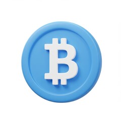 A 3D illustration of a blue circular coin with a white Bitcoin symbol in the center isolated on a white background