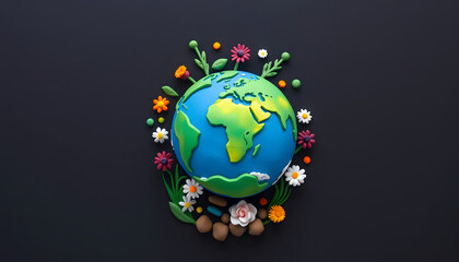 a colorful picture of the earth with flowers and plants around it on a dark background with a purple background and a black background with a white border with a blue border and or, craft clay