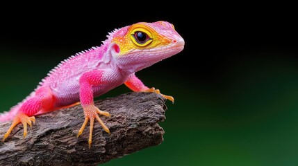 Pink lizard perched on branch, dark background, nature wildlife. Use pet, reptile, exotic animal