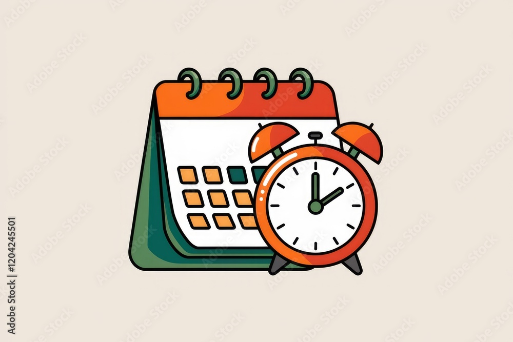 Poster a desk calendar and alarm clock symbolize time management, scheduling, and planning.