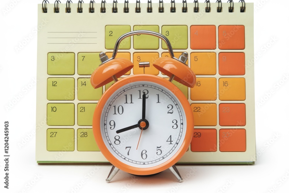 Poster an orange alarm clock rests on a desk calendar, symbolizing time management and scheduling.