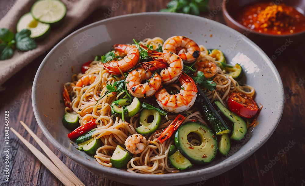 Poster a bowl of shrimp and vegetable noodles with a green lime on the side. the dish is colorful and appet