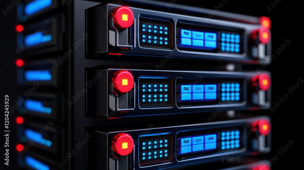 Poster high tech server rack with illuminated control panels and buttons