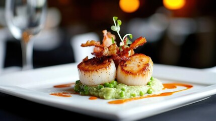 Seared Scallops with Bacon and Pea Puree.