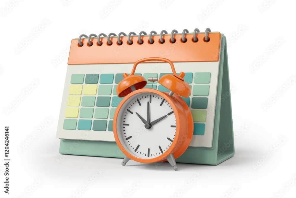 Poster an orange alarm clock rests on a pastel-colored desk calendar, symbolizing time management and sched