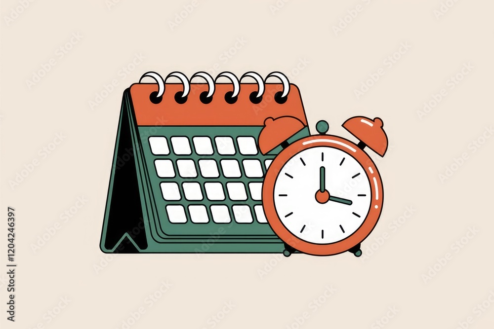 Poster desk calendar and alarm clock symbolize time management and scheduling.