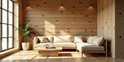 Serene Living Room with Natural Wood Walls and Comfortable Sectional Sofa Basking in Sunlight
