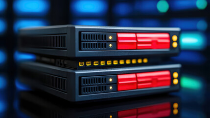 Obraz premium High tech server units with vibrant lights in data center