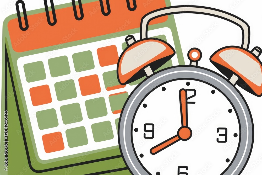Poster an illustration of a calendar and alarm clock, symbolizing time management and scheduling.