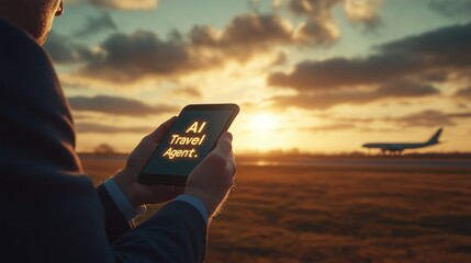 A person holding a device showing an AI Travel Agent app near an airport with an airplane at sunset, symbolizing modern advanced technology in tourism planning and solutions