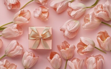 A luxurious bouquet of pink tulips and a small gift box wrapped in pastel paper with a golden bow, placed on a light pink background for Valentines Day and 8 March