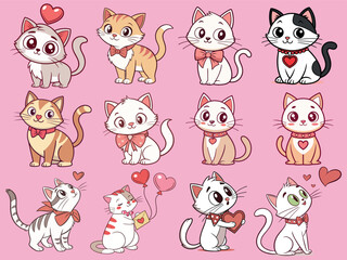 Cute Cartoon Cats with Hearts and Bows for Valentine's Day © Print Prodigy