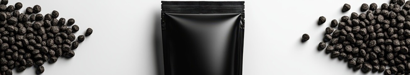 Blank black packaging pouch surrounded by black granules on light background
