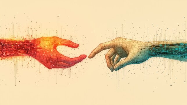 A digital image of two AI hands nearly touching, symbolizing the connection between humans and technology in the singularity, emphasizing interaction and innovation in artificial intelligence systems