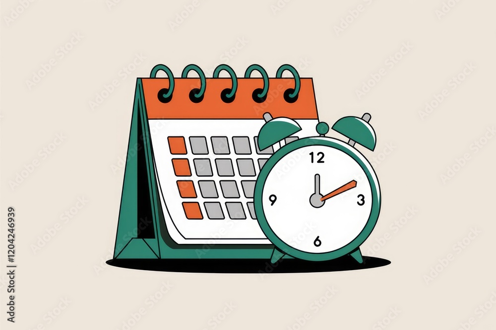 Poster a desk calendar and alarm clock symbolize time management, scheduling, and deadlines.