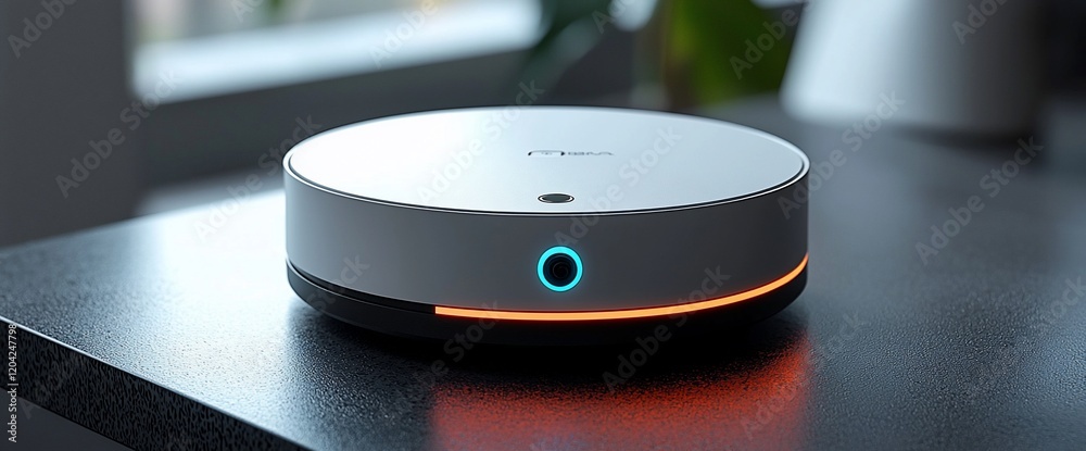 Poster smart home device on a table, illuminated.