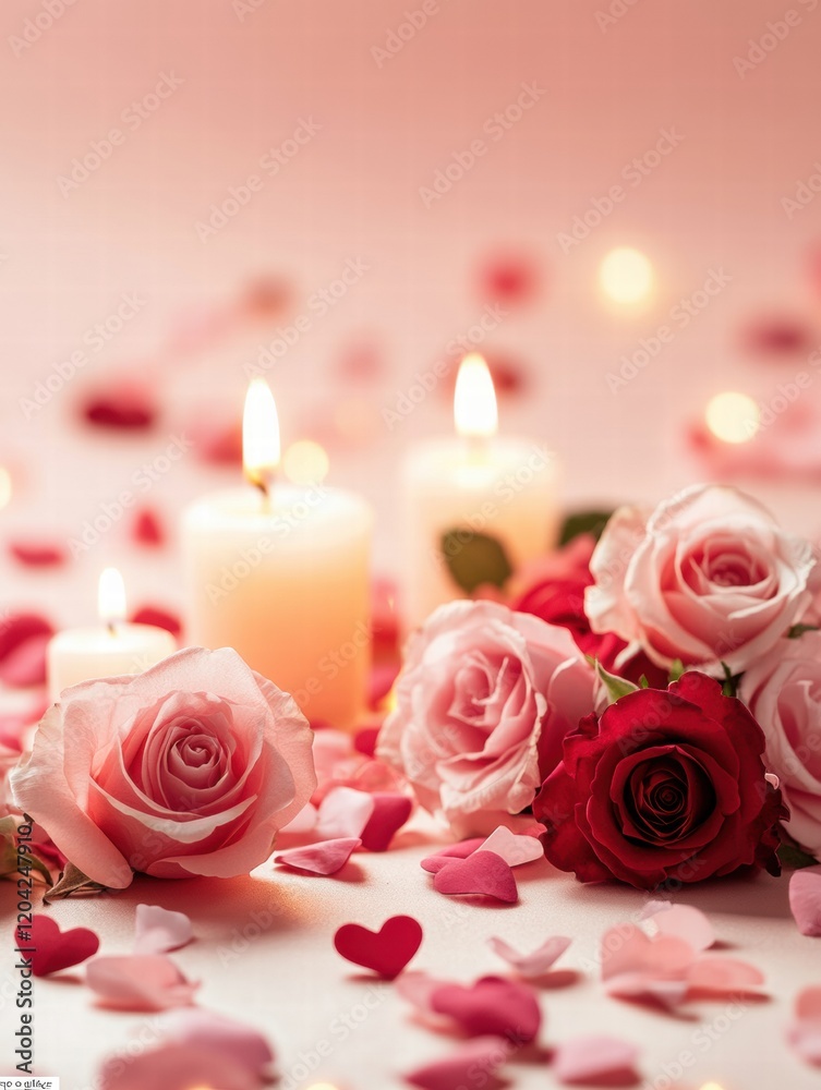 Aufkleber romantic setup with pink roses and candles creating a warm atmosphere for an intimate evening in a s