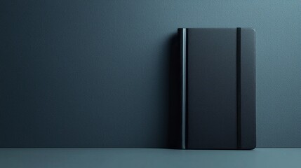 Set against a sleek and shadowy backdrop, a black notebook lies gracefully on a smooth surface, embodying elegance and tranquility in monochrome design. The minimalist aesthetic invites creativity