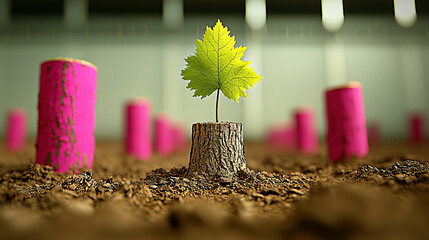 New life emerging from a tree stump in an urban reforestation project with bright pink markers