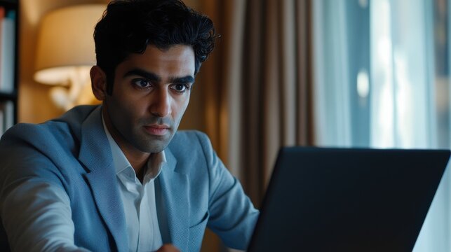 Indian business man having virtual team meeting on video conference call using laptop work from home office talking to diverse people group in remote teamwork online distance chat. Over shoulder view