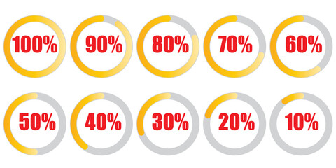 Set of circle percentage diagrams (meters) from 10 to 100 ready-to-use for web design, user interface (UI) or infographic red and gold