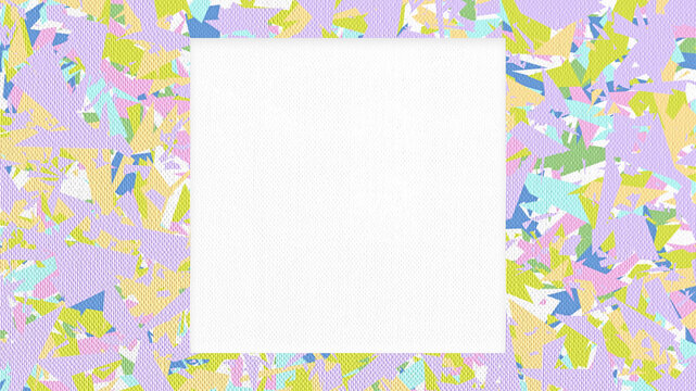 Irregular triangles pattern in fabric texture. Colorful cheerful modern collage of cuts frame card for announcement, invitation. Background, white cuadrangular copy space. Cute positive youthful mood.