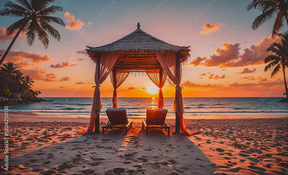 Aufkleber a beach scene with a gazebo and two lounge chairs. the sun is setting and the sky is a beautiful mix