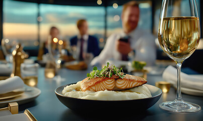 Gourmet salmon dinner with elegant ambiance and wine in upscale restaurant setting