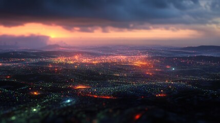 Fototapeta premium Glowing data points forming a complex network in a digital landscape