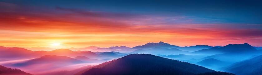 Fototapeta premium A breathtaking panoramic view of mountains under a vibrant sunrise, showcasing rich colors of blue, orange, and purple. The mist adds a mystical element to this serene landscape.