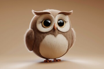 Obraz premium Adorable fluffy owl with big eyes, 3D rendered, cute and endearing.