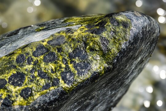 Close-up of a dark rock covered in vibrant yellow-green algae, showcasing a unique texture and color contrast.