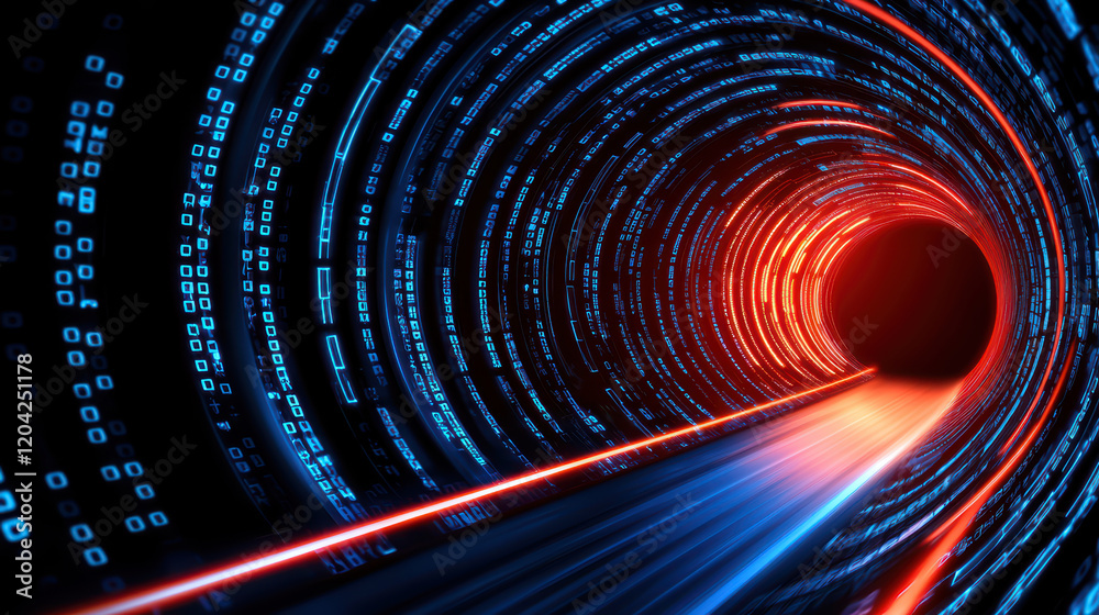Poster digital tunnel with binary code and light streaks