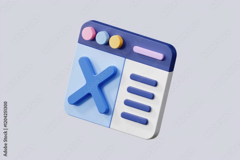 Poster 3d render of a website page icon with a prominent 'x' button, suggesting closing or canceling.
