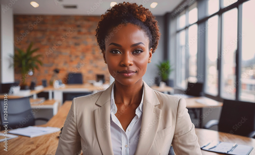 Poster a woman in a business suit sits at a desk in front of a brick wall. she is smiling and looking direc