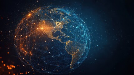 Obraz premium A network of interconnected people and digital connections, representing the global scale or social connection concept with glowing icons on a dark background. Partnership of business concept.