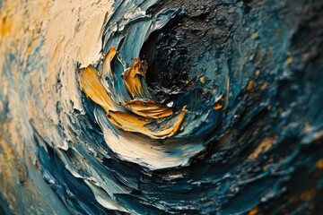 Abstract oil painting with swirling teal, gold, and black paint, creating a dynamic, textured...