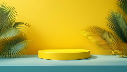 Fototapeta premium Blank yellow display stand against a vibrant summer backdrop, featuring a minimalistic design, ideal for showcasing products or promotional material in a fresh, bold setting