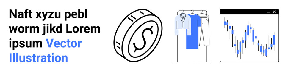 Coin symbol, clothing on a rack, and stock chart. Ideal for finance, e-commerce, retail, trading, investment strategies fashion industry and economic analysis. Landing page