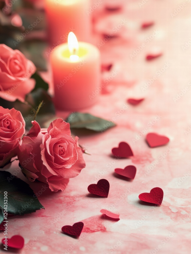 Aufkleber romantic setup with pink roses and heart confetti on a softly lit table. generative ai