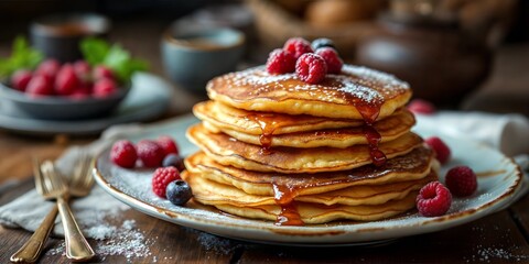 Delicious Stack of Russian Pancakes on a Plate, Russian crepes, blini, Maslenitsa (Russian Pancake Week), Traditional Russian Carnival, Festival