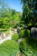 A Japanese garden full of stones and bonsai bushes. A peaceful and well-maintained park in the Asian style.