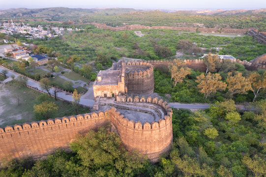 Aerial view of ruins of Rohtas fort Pakistan, The main gate outpost and watch tower.